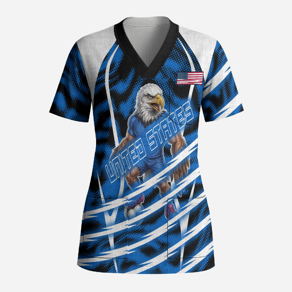 Personalized United States Soccer Scrub Top USA Patriotic Eagle Mascot - Blue Geometric