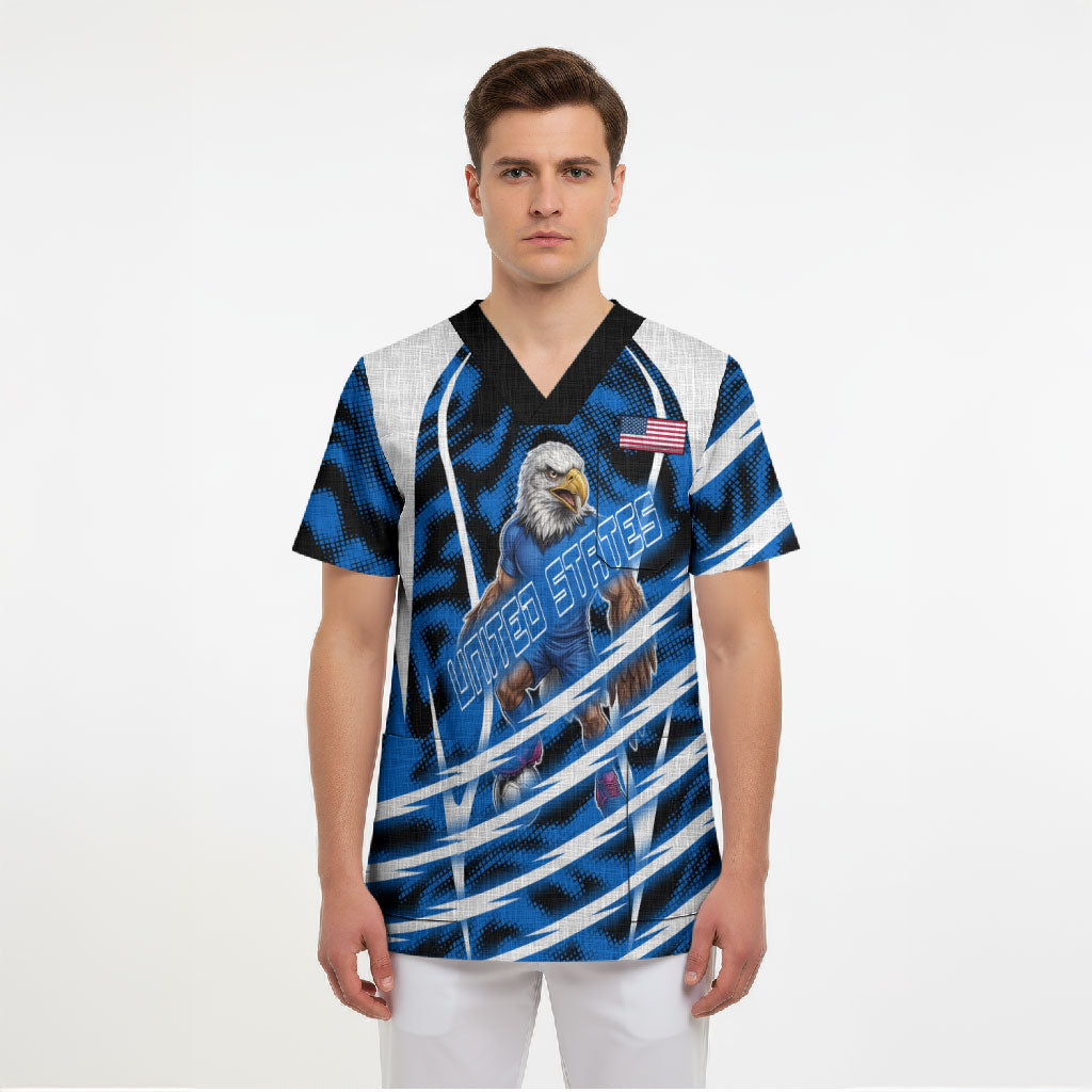 Personalized United States Soccer Scrub Top USA Patriotic Eagle Mascot - Blue Geometric