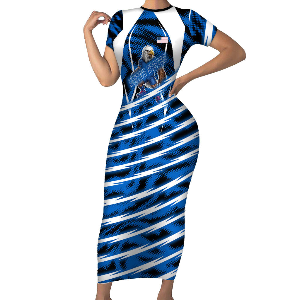 Personalized United States Soccer Short Sleeve Bodycon Dress USA Patriotic Eagle Mascot - Blue Geometric
