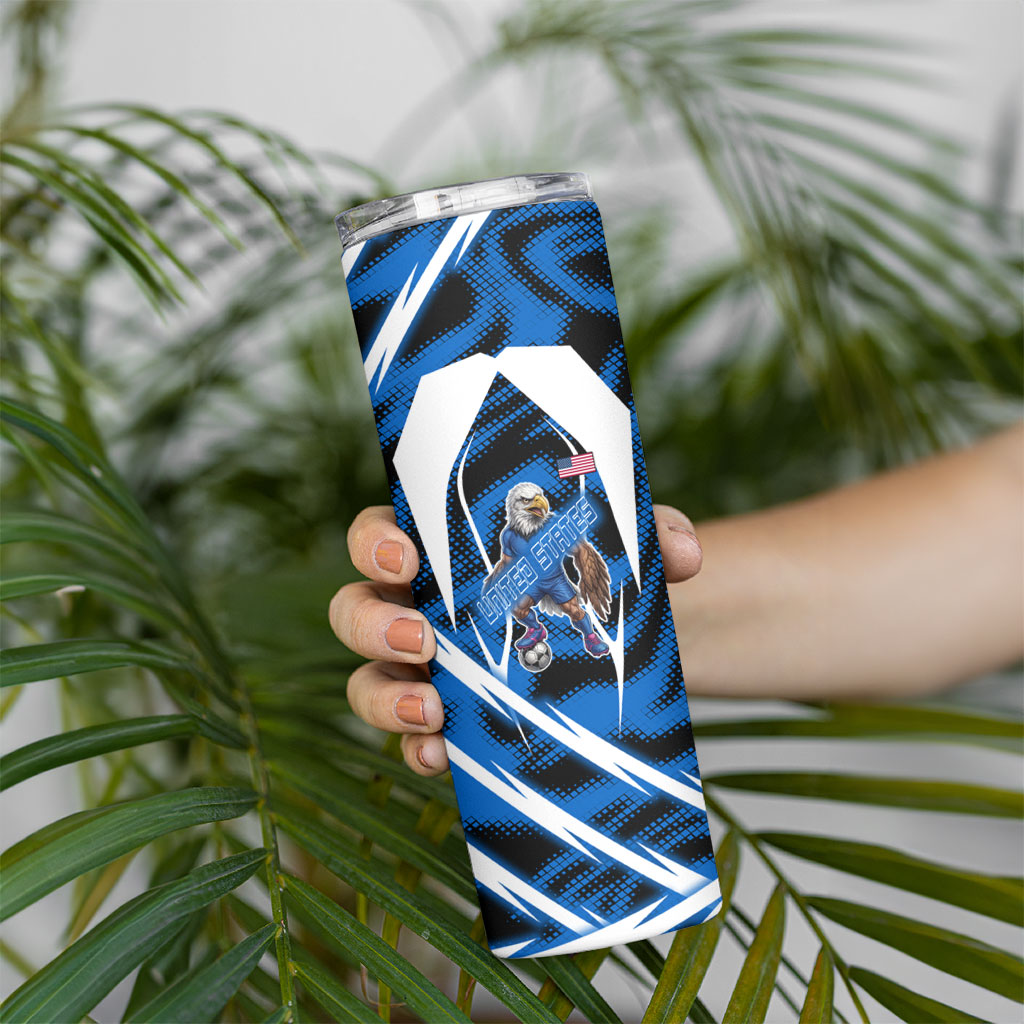 Personalized United States Soccer Skinny Tumbler USA Patriotic Eagle Mascot - Blue Geometric