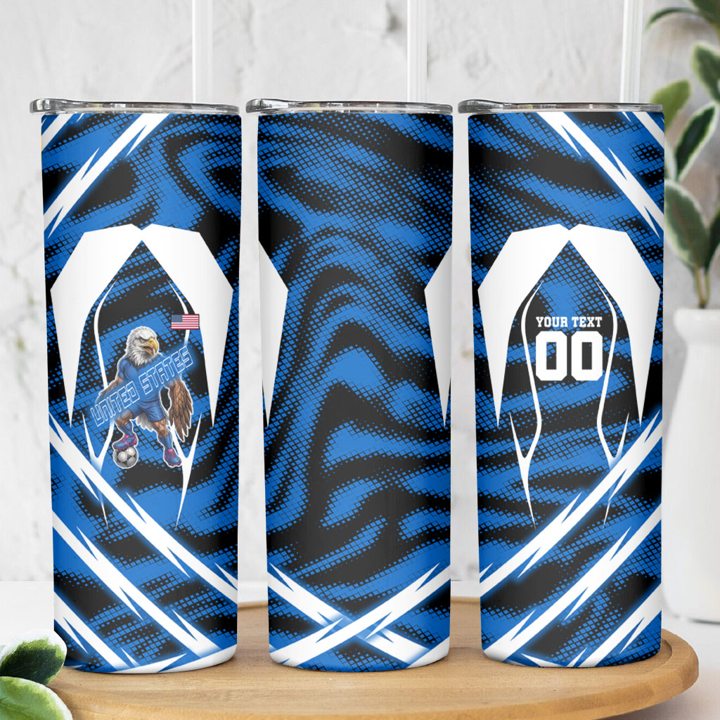 Personalized United States Soccer Skinny Tumbler USA Patriotic Eagle Mascot - Blue Geometric