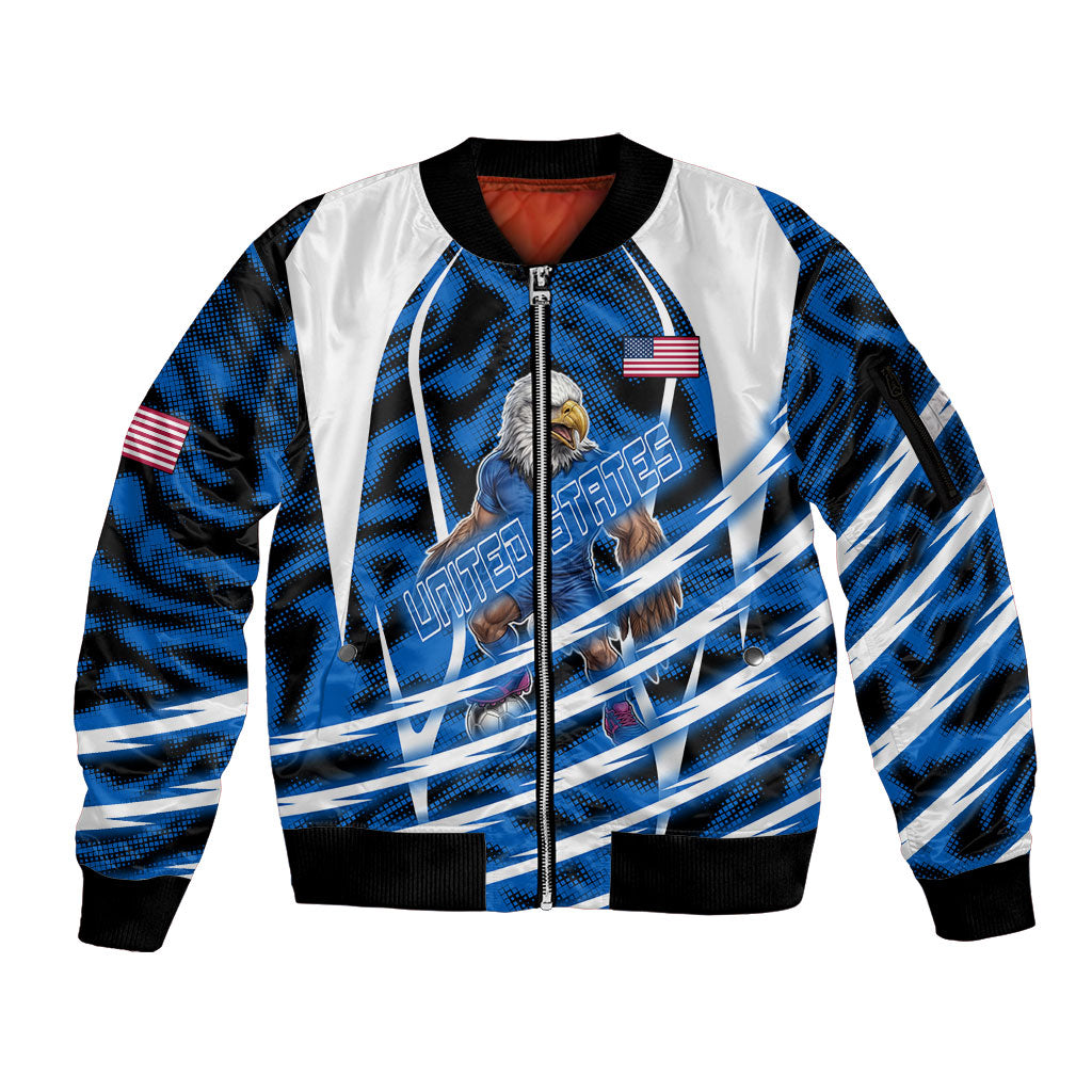 Personalized United States Soccer Sleeve Zip Bomber Jacket USA Patriotic Eagle Mascot - Blue Geometric