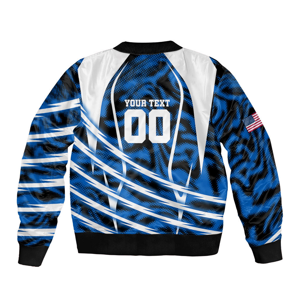 Personalized United States Soccer Sleeve Zip Bomber Jacket USA Patriotic Eagle Mascot - Blue Geometric