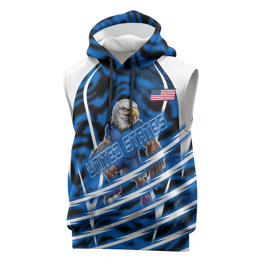 Personalized United States Soccer Sleeveless Hoodie USA Patriotic Eagle Mascot - Blue Geometric