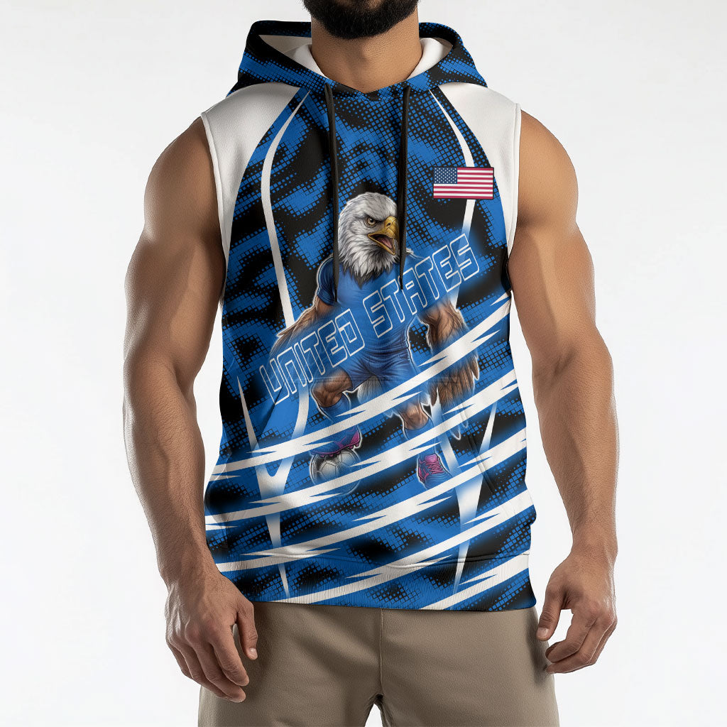 Personalized United States Soccer Sleeveless Hoodie USA Patriotic Eagle Mascot - Blue Geometric