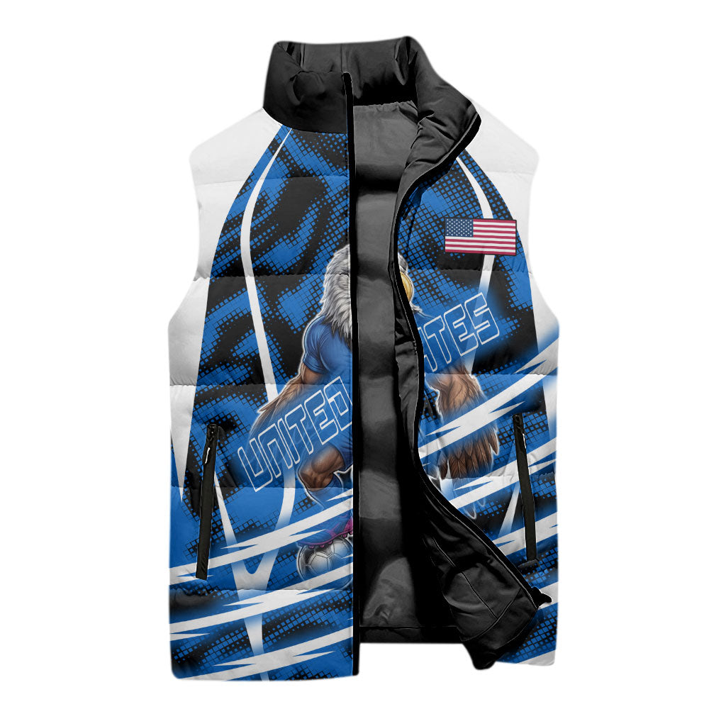 Personalized United States Soccer Sleeveless Puffer Jacket USA Patriotic Eagle Mascot - Blue Geometric