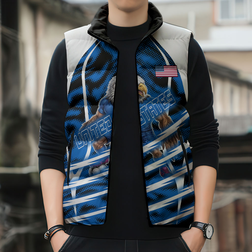 Personalized United States Soccer Sleeveless Puffer Jacket USA Patriotic Eagle Mascot - Blue Geometric