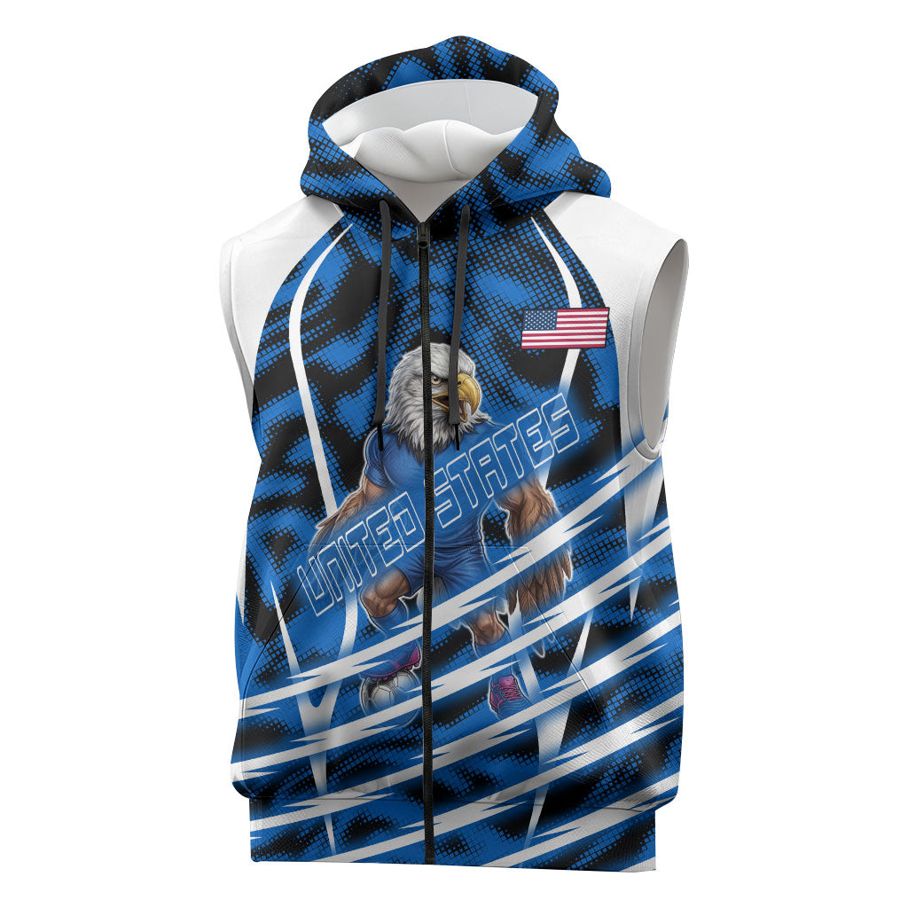 Personalized United States Soccer Sleeveless Zip Hoodie USA Patriotic Eagle Mascot - Blue Geometric