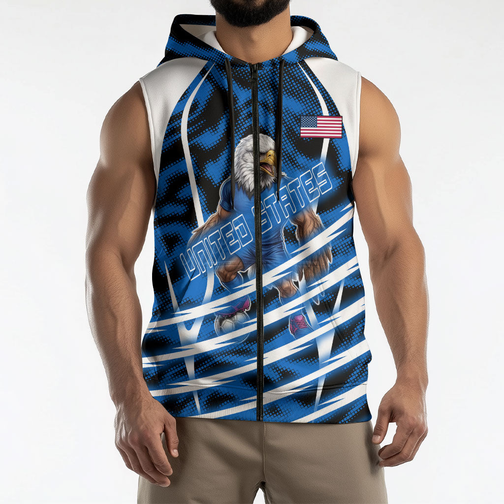 Personalized United States Soccer Sleeveless Zip Hoodie USA Patriotic Eagle Mascot - Blue Geometric