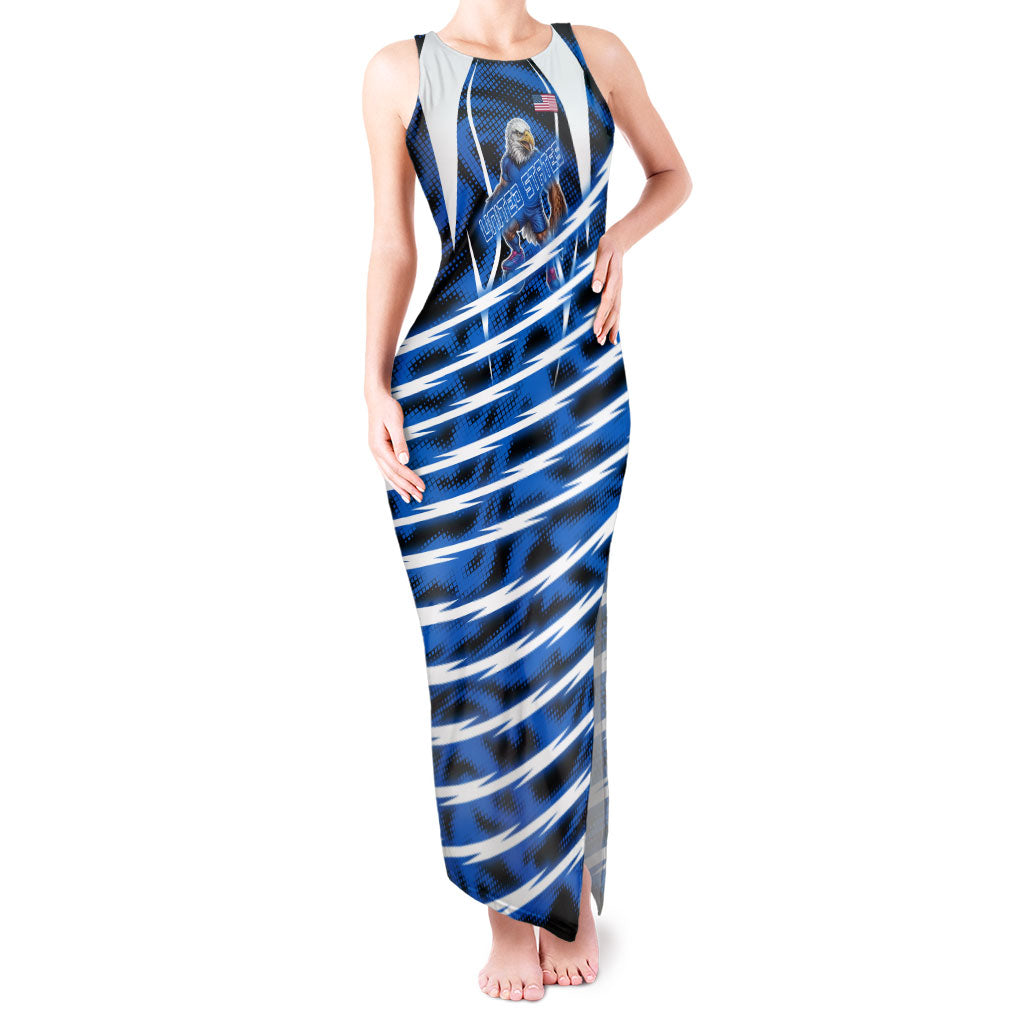 Personalized United States Soccer Tank Maxi Dress USA Patriotic Eagle Mascot - Blue Geometric