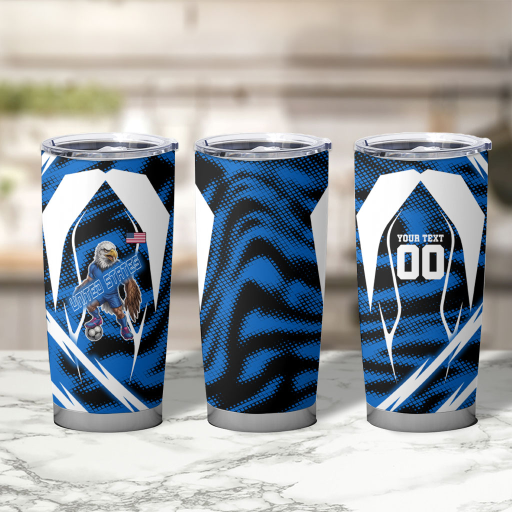 Personalized United States Soccer Tumbler Cup USA Patriotic Eagle Mascot - Blue Geometric