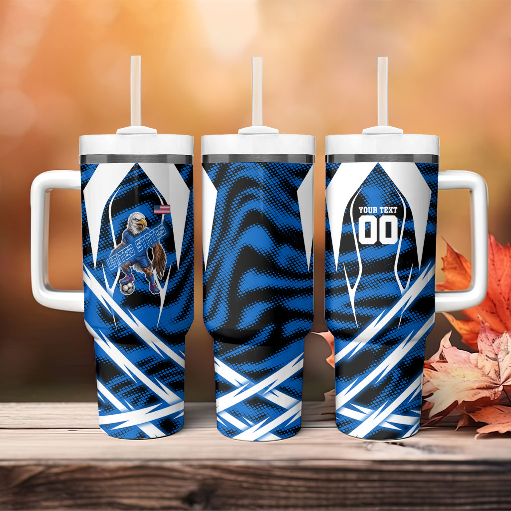Personalized United States Soccer Tumbler With Handle USA Patriotic Eagle Mascot - Blue Geometric