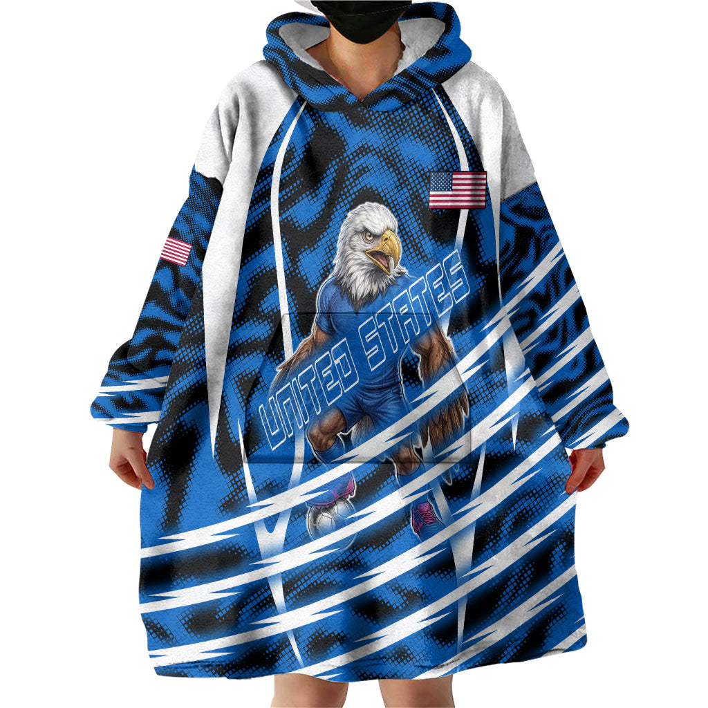 Personalized United States Soccer Wearable Blanket Hoodie USA Patriotic Eagle Mascot - Blue Geometric