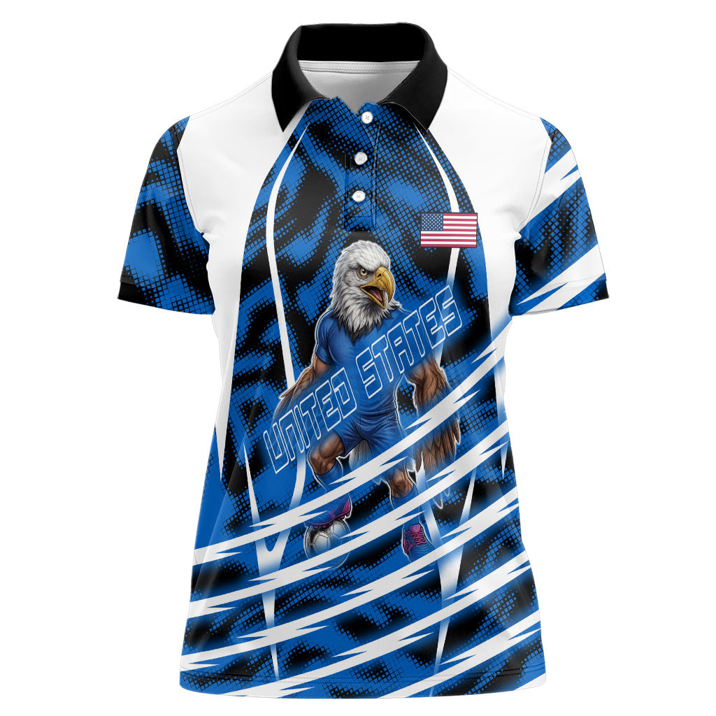 Personalized United States Soccer Women Polo Shirt USA Patriotic Eagle Mascot - Blue Geometric