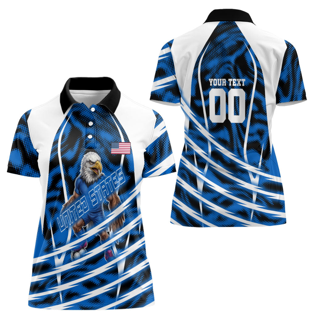 Personalized United States Soccer Women Polo Shirt USA Patriotic Eagle Mascot - Blue Geometric