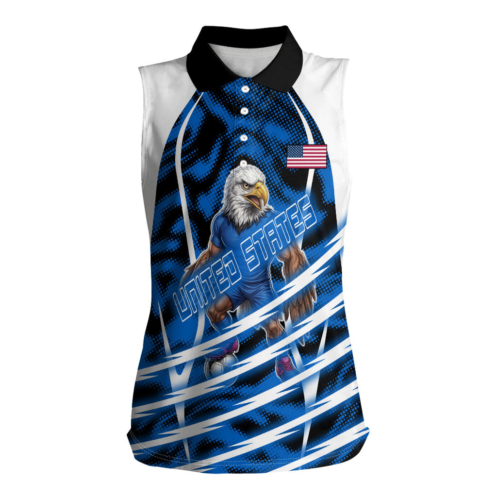 Personalized United States Soccer Women Sleeveless Polo Shirt USA Patriotic Eagle Mascot - Blue Geometric