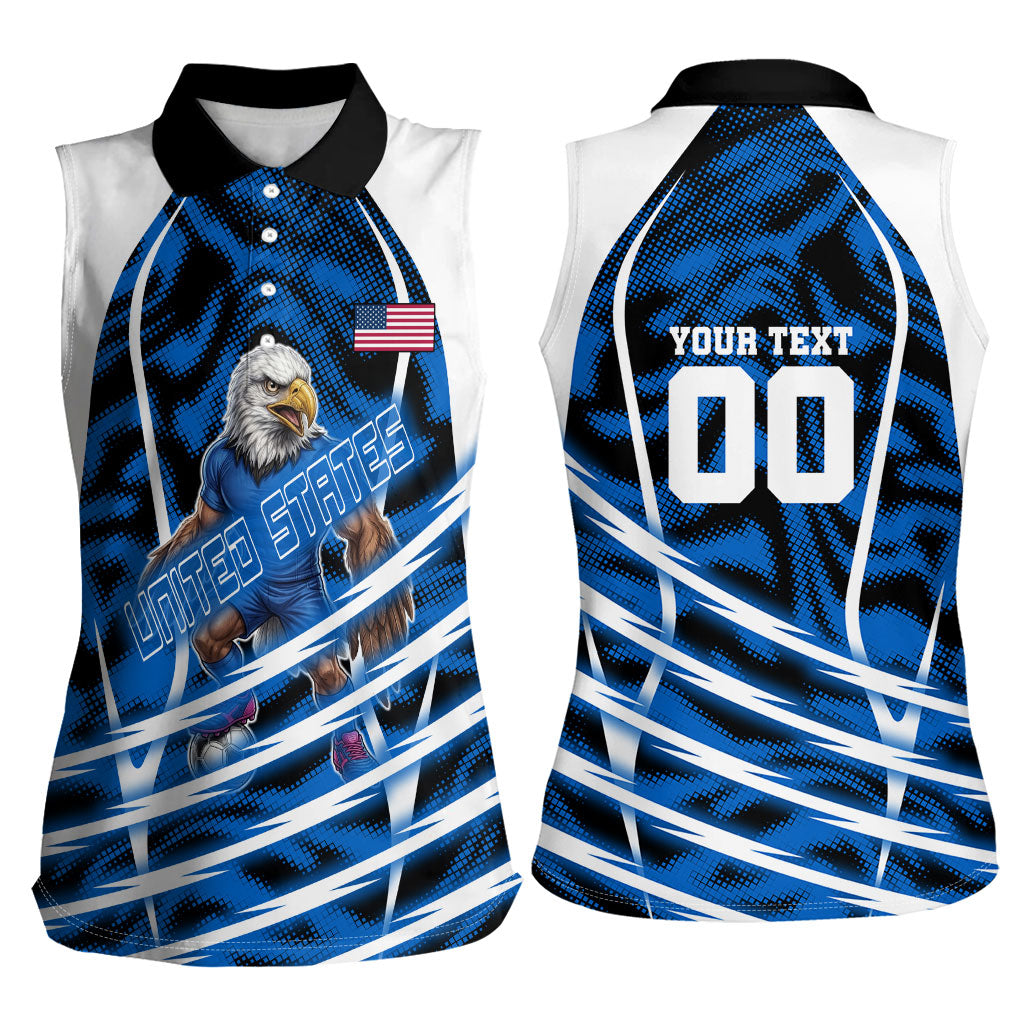 Personalized United States Soccer Women Sleeveless Polo Shirt USA Patriotic Eagle Mascot - Blue Geometric