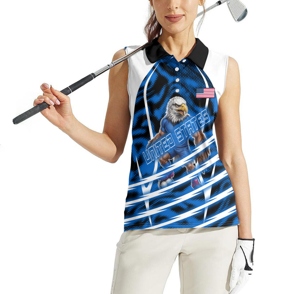 Personalized United States Soccer Women Sleeveless Polo Shirt USA Patriotic Eagle Mascot - Blue Geometric