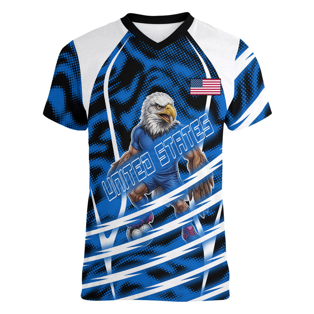 Personalized United States Soccer Women V-Neck T-Shirt USA Patriotic Eagle Mascot - Blue Geometric