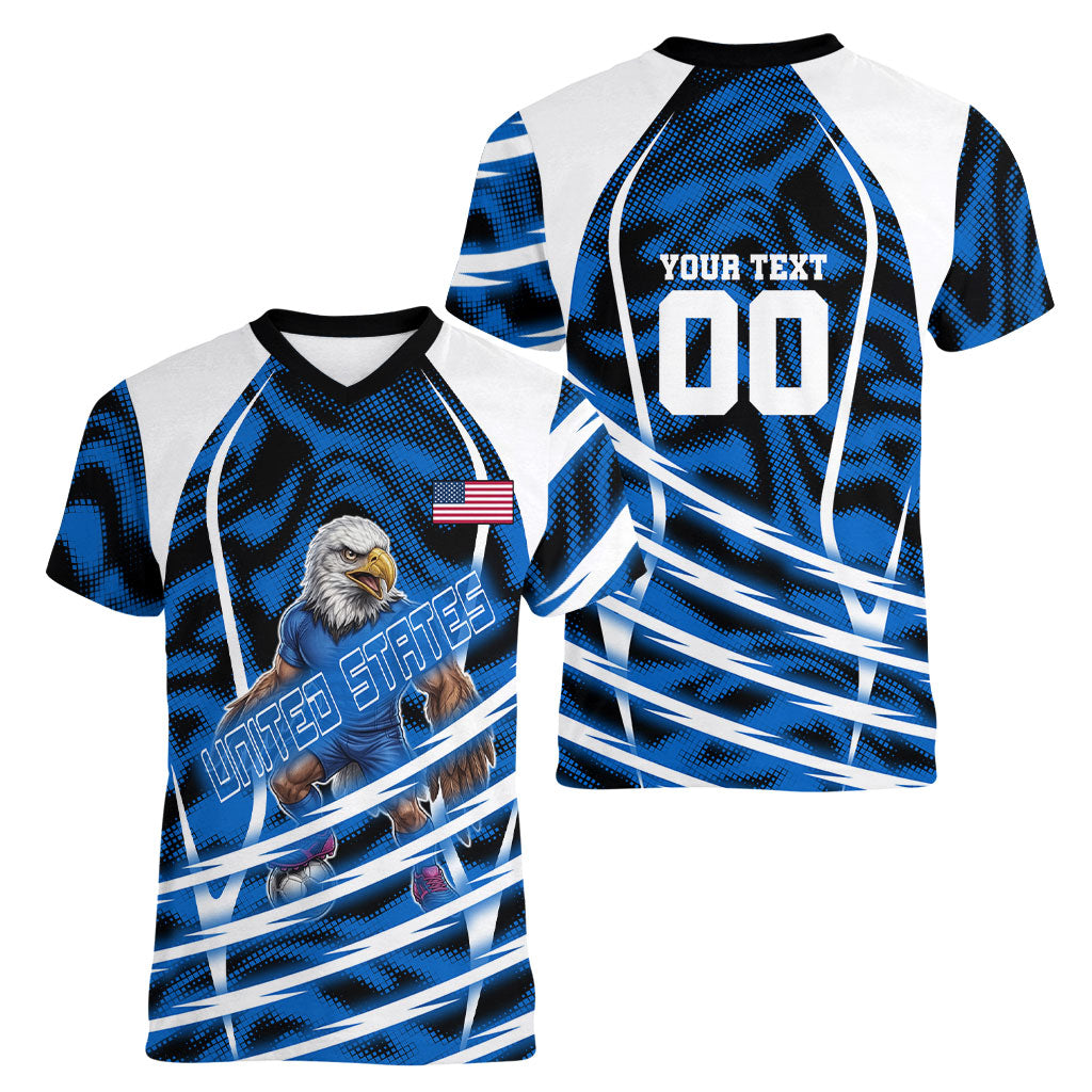 Personalized United States Soccer Women V-Neck T-Shirt USA Patriotic Eagle Mascot - Blue Geometric