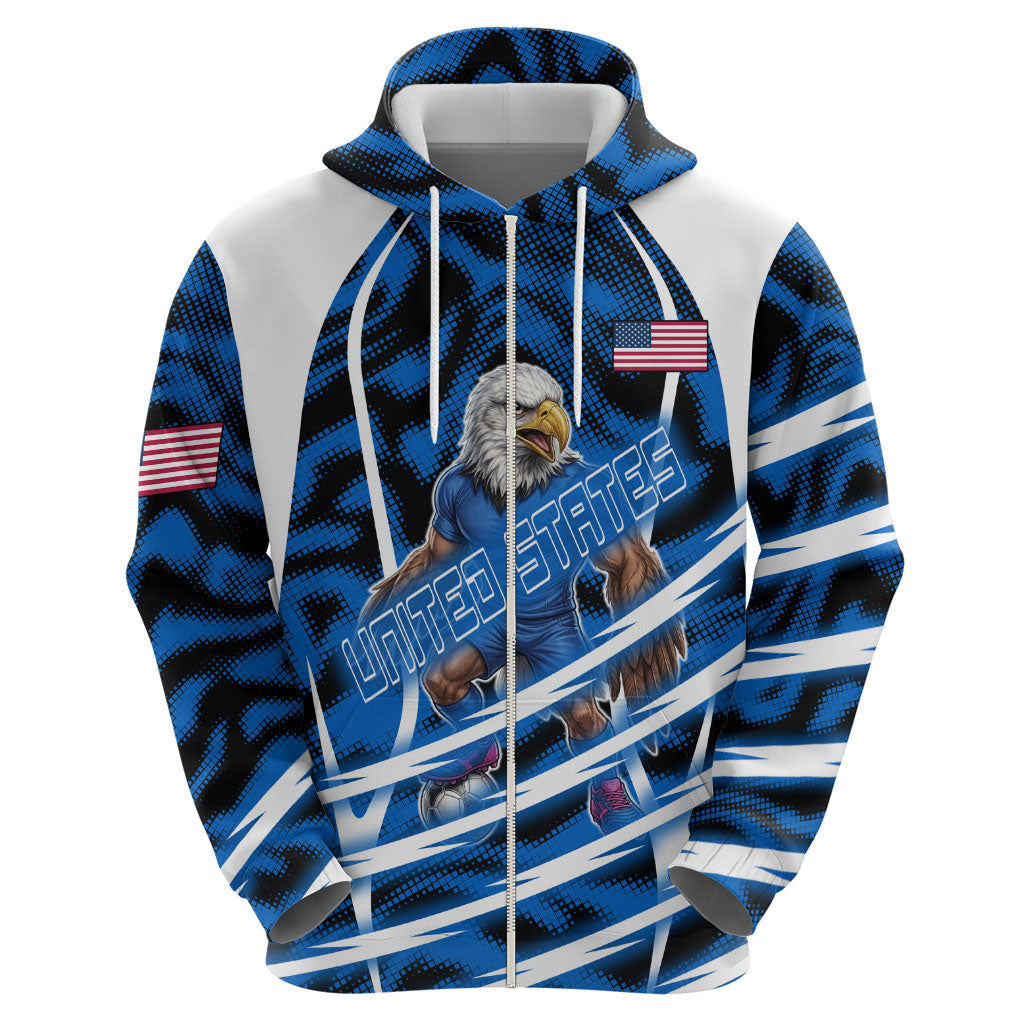 Personalized United States Soccer Zip Hoodie USA Patriotic Eagle Mascot - Blue Geometric