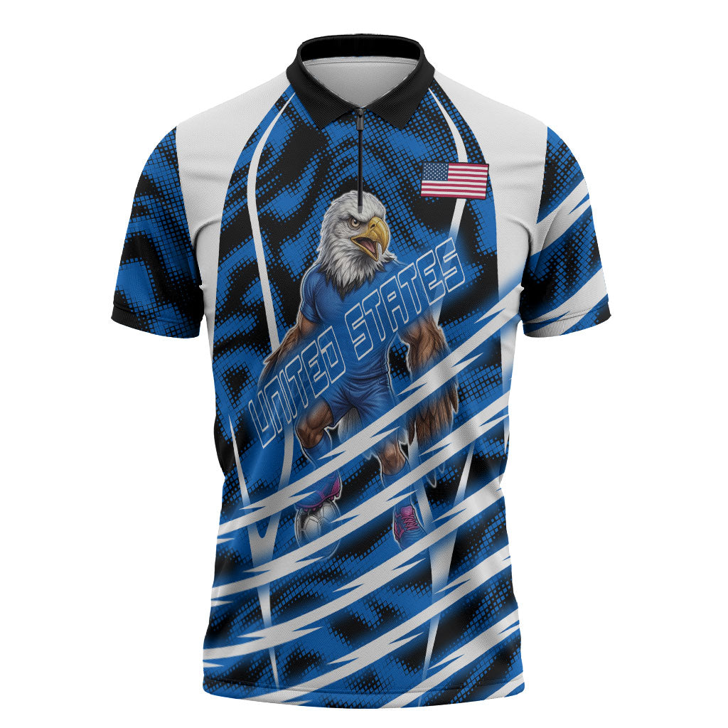 Personalized United States Soccer Zipper Polo Shirt USA Patriotic Eagle Mascot - Blue Geometric