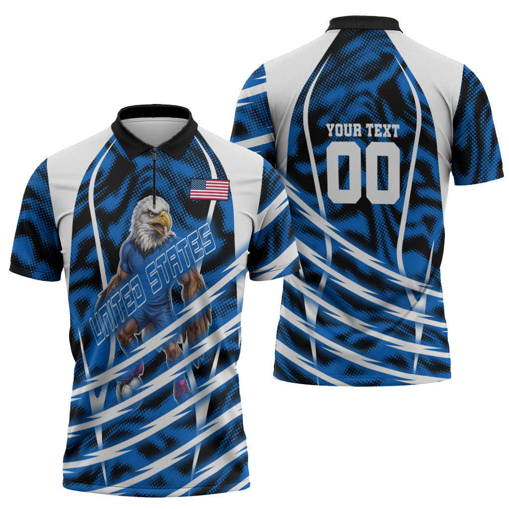 Personalized United States Soccer Zipper Polo Shirt USA Patriotic Eagle Mascot - Blue Geometric