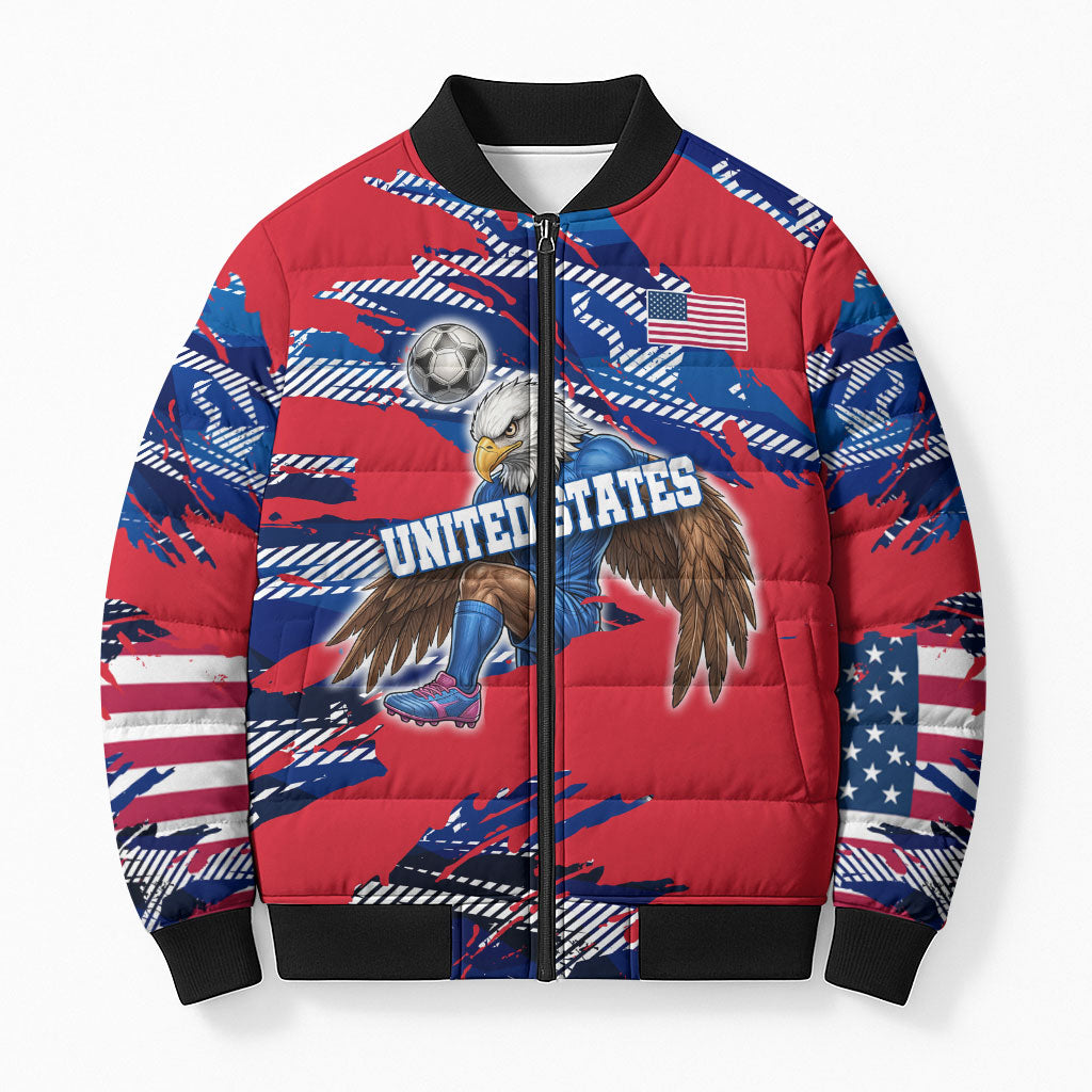 Personalized United States Soccer Eagle Bomber Puffer Jacket American Flag Grunge Patriot Art