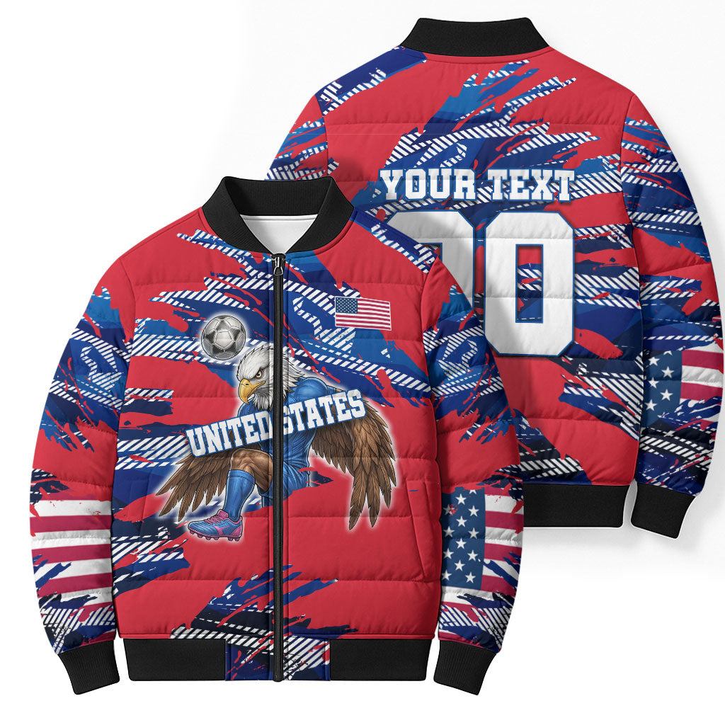 Personalized United States Soccer Eagle Bomber Puffer Jacket American Flag Grunge Patriot Art