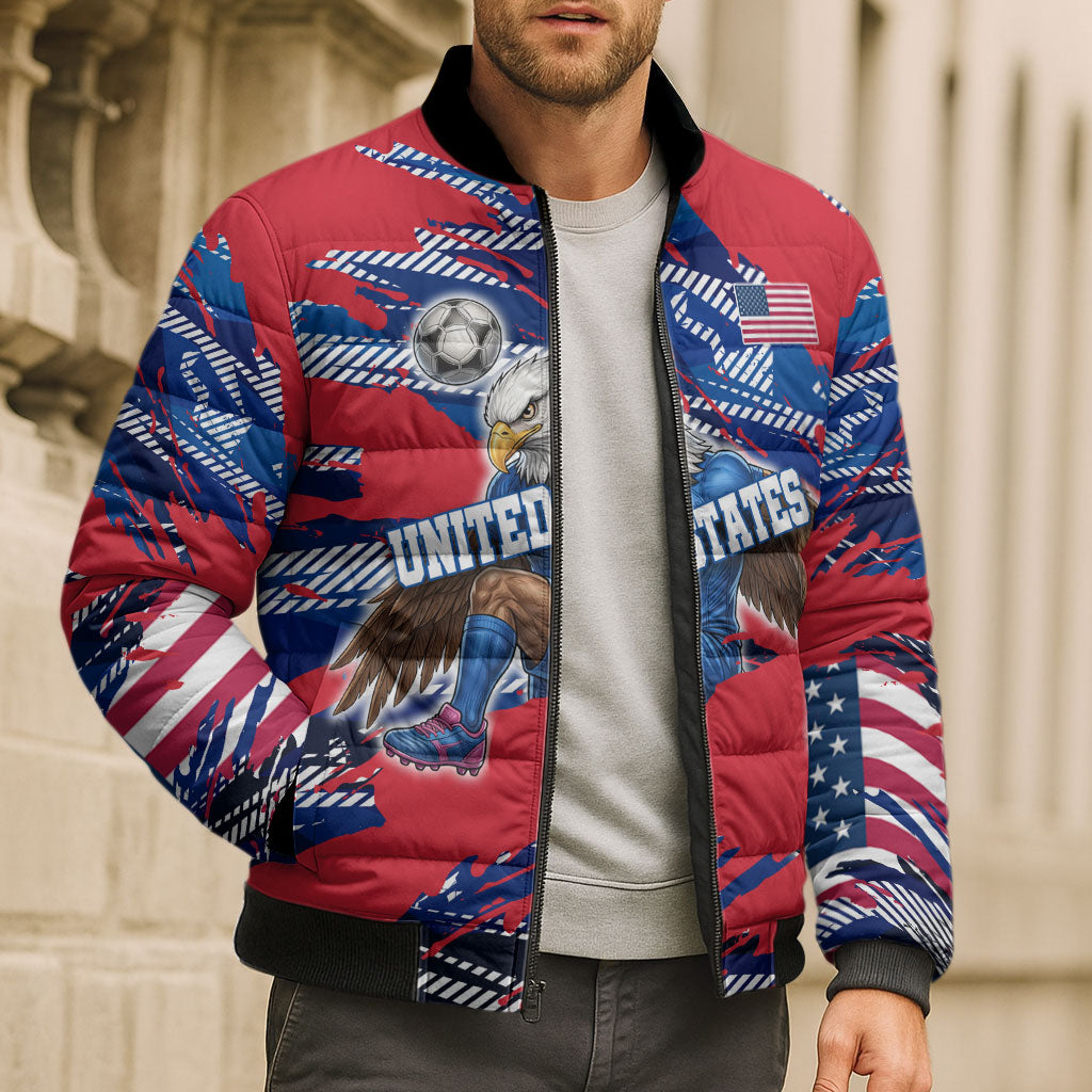 Personalized United States Soccer Eagle Bomber Puffer Jacket American Flag Grunge Patriot Art