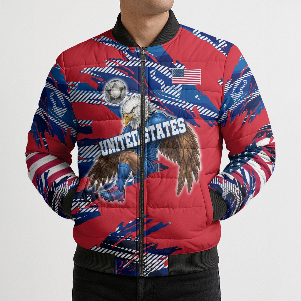Personalized United States Soccer Eagle Bomber Puffer Jacket American Flag Grunge Patriot Art