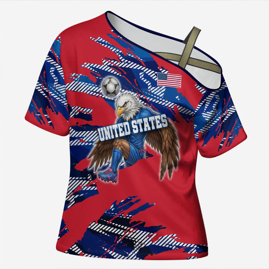 Personalized United States Soccer Eagle Cross Shoulder Shirt American Flag Grunge Patriot Art