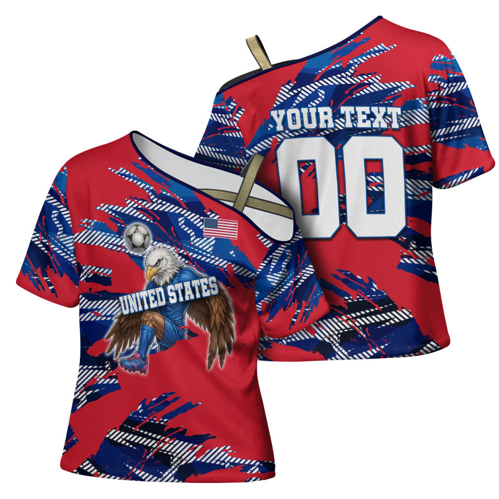 Personalized United States Soccer Eagle Cross Shoulder Shirt American Flag Grunge Patriot Art