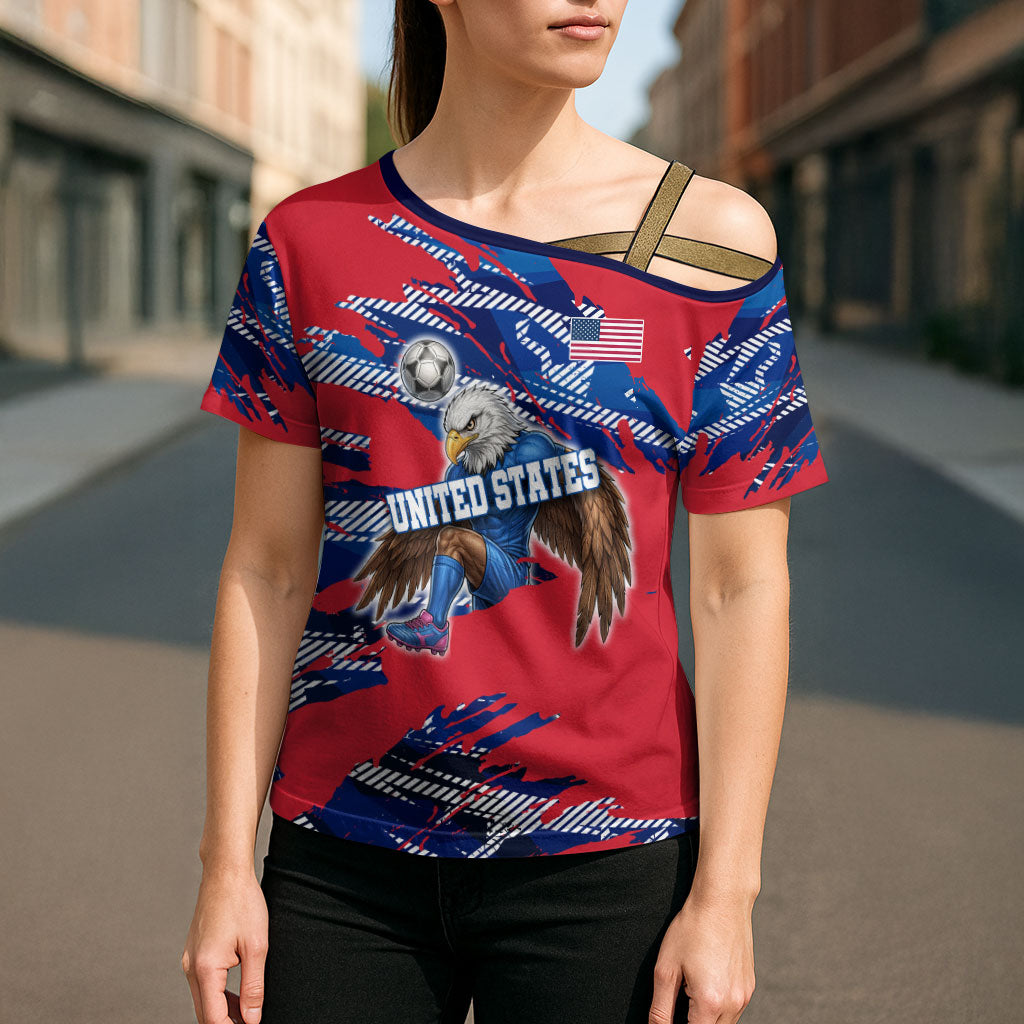 Personalized United States Soccer Eagle Cross Shoulder Shirt American Flag Grunge Patriot Art
