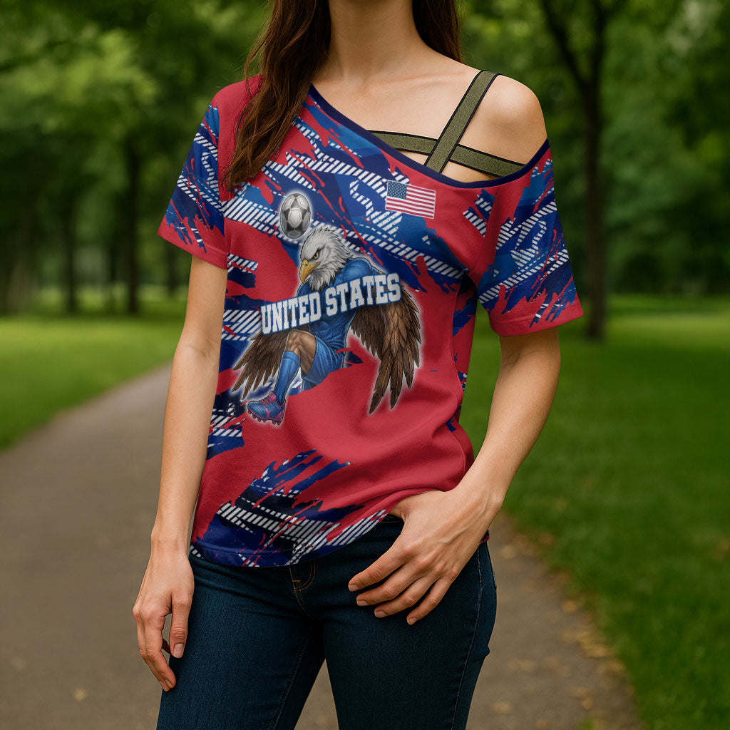 Personalized United States Soccer Eagle Cross Shoulder Shirt American Flag Grunge Patriot Art