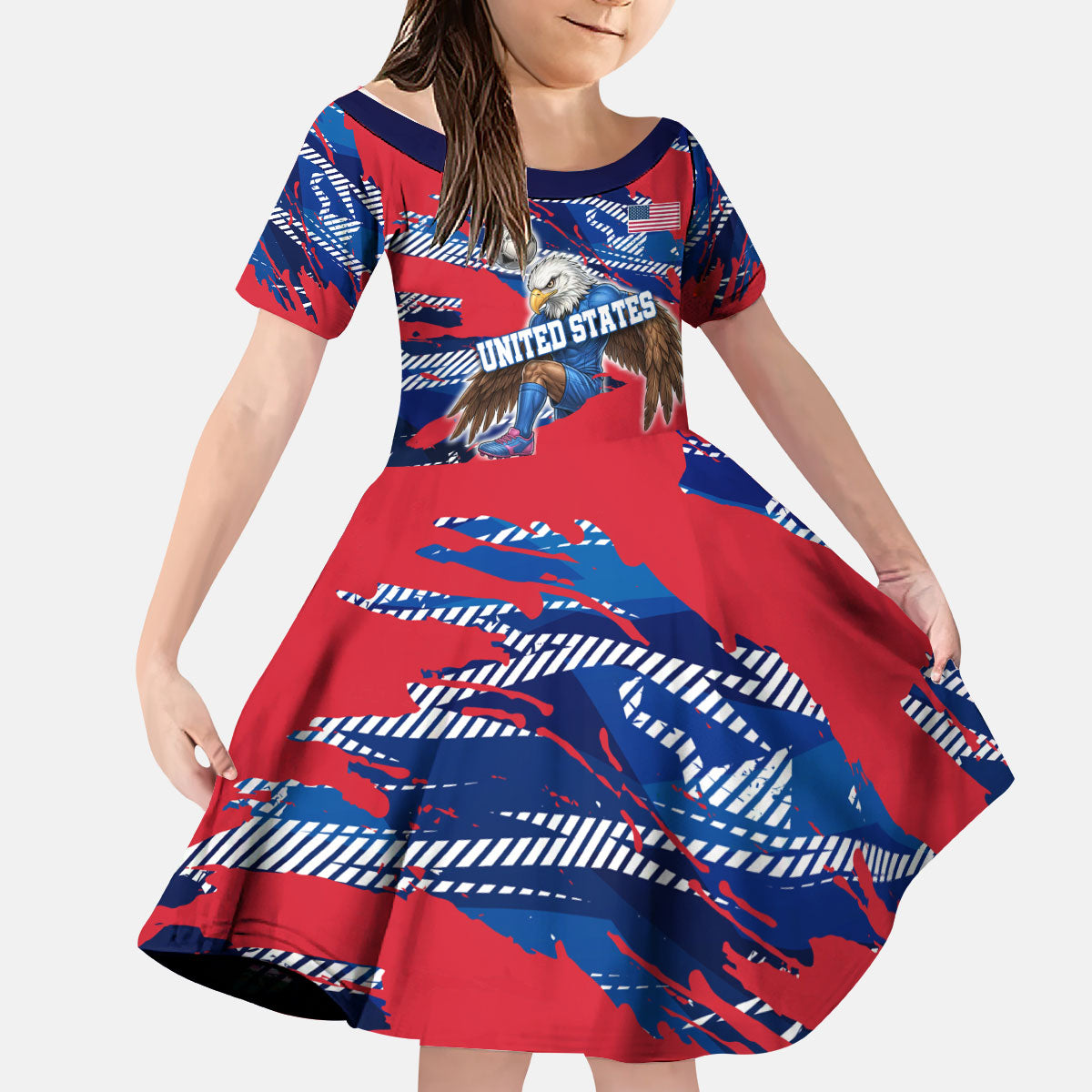Personalized United States Soccer Eagle Kid Short Sleeve Dress American Flag Grunge Patriot Art