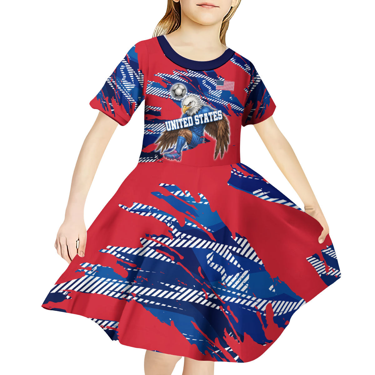 Personalized United States Soccer Eagle Kid Short Sleeve Dress American Flag Grunge Patriot Art