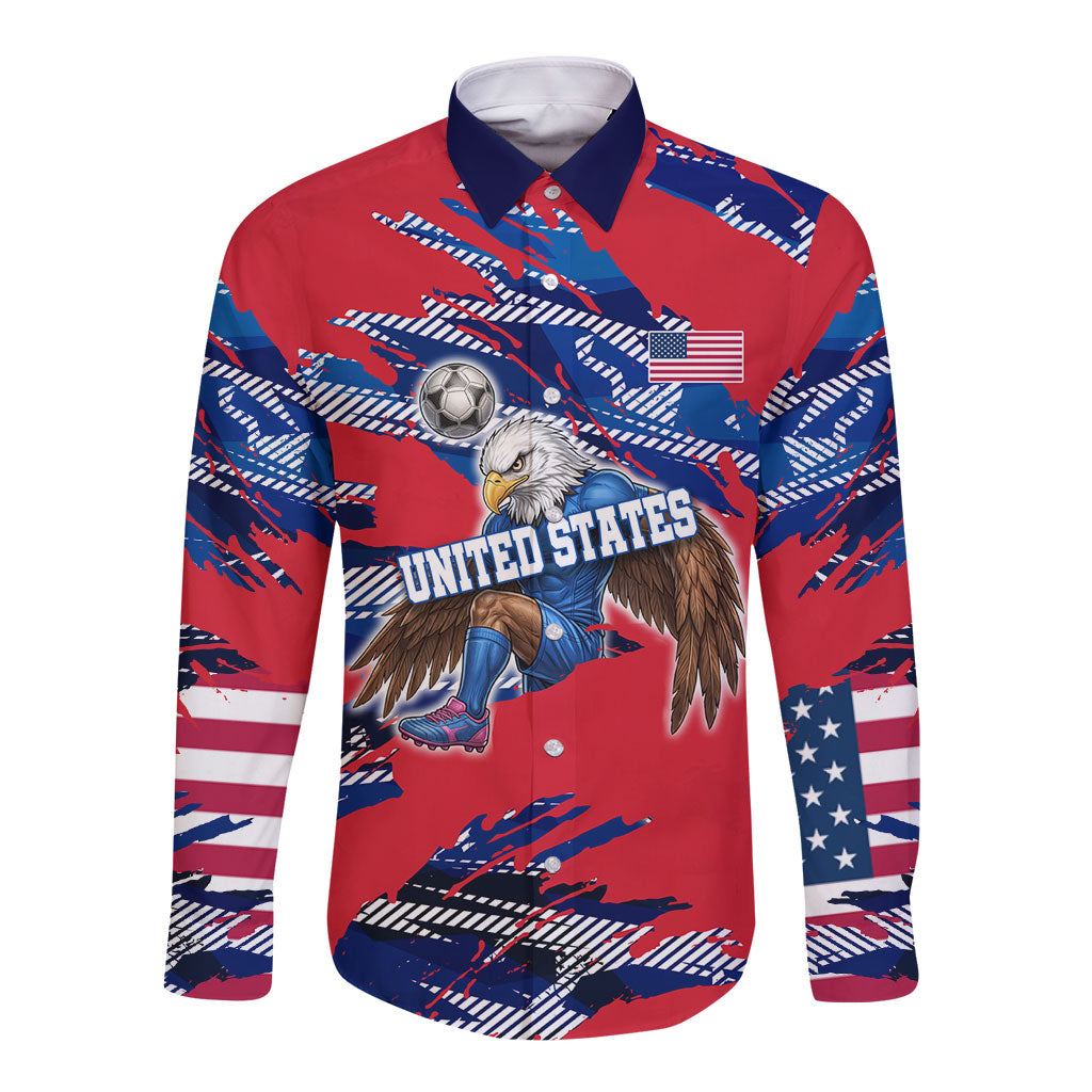 Personalized United States Soccer Eagle Long Sleeve Button Shirt American Flag Grunge Patriot Art