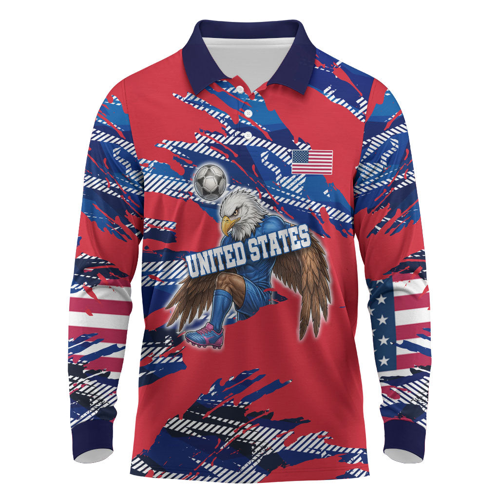 Personalized United States Soccer Eagle Long Sleeve Polo Shirt American Flag Grunge Patriot Art