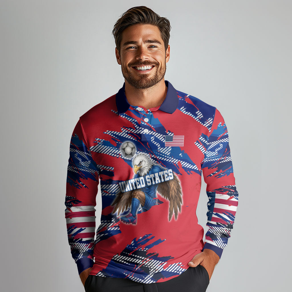 Personalized United States Soccer Eagle Long Sleeve Polo Shirt American Flag Grunge Patriot Art