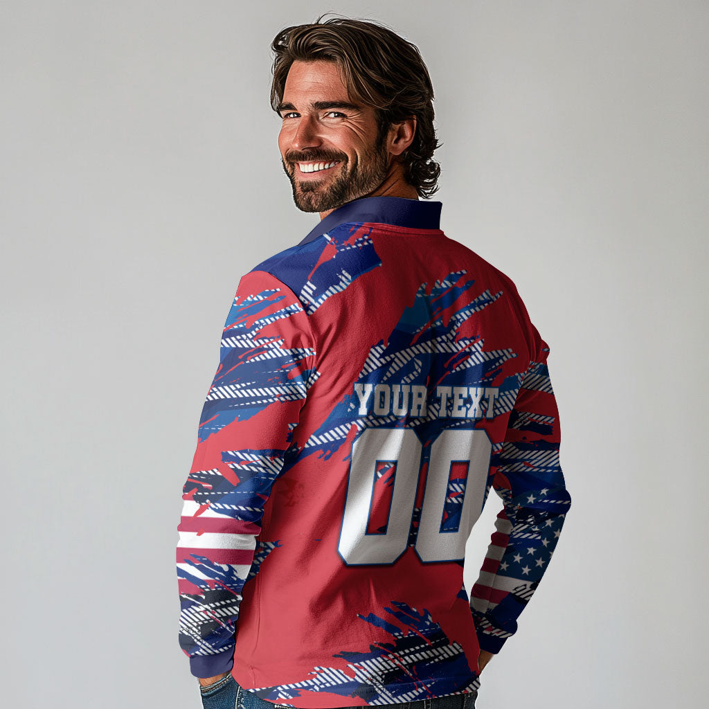 Personalized United States Soccer Eagle Long Sleeve Polo Shirt American Flag Grunge Patriot Art