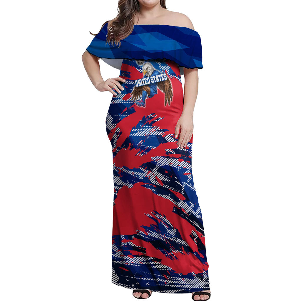 Personalized United States Soccer Eagle Off Shoulder Maxi Dress American Flag Grunge Patriot Art