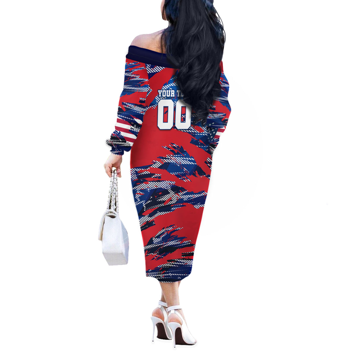 Personalized United States Soccer Eagle Off The Shoulder Long Sleeve Dress American Flag Grunge Patriot Art