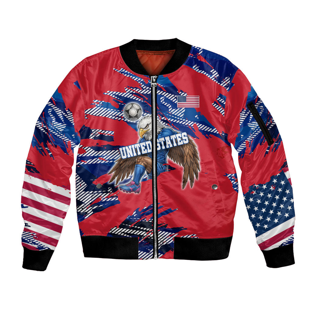 Personalized United States Soccer Eagle Sleeve Zip Bomber Jacket American Flag Grunge Patriot Art