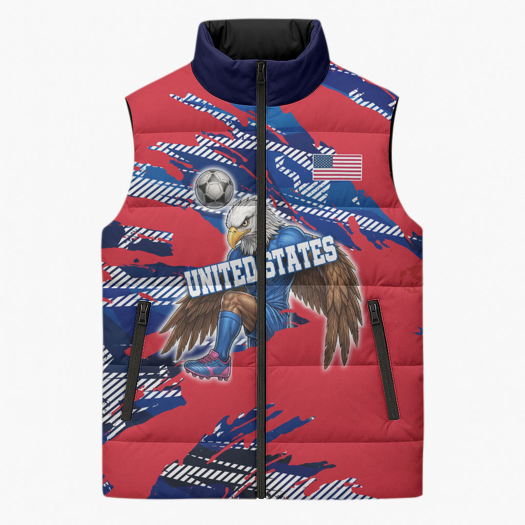Personalized United States Soccer Eagle Sleeveless Puffer Jacket American Flag Grunge Patriot Art