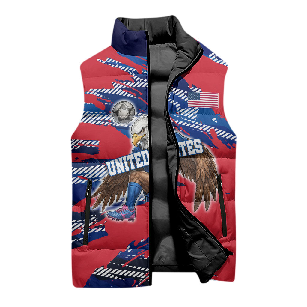 Personalized United States Soccer Eagle Sleeveless Puffer Jacket American Flag Grunge Patriot Art