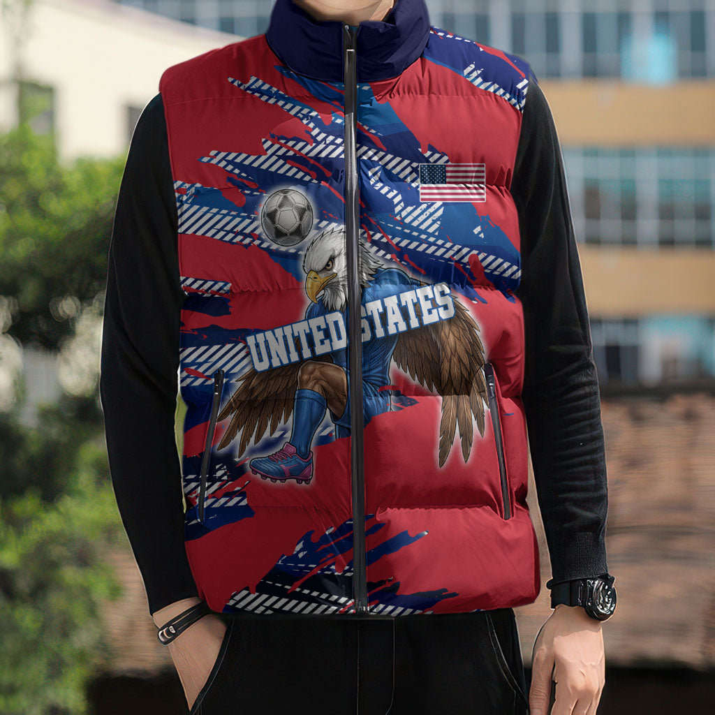 Personalized United States Soccer Eagle Sleeveless Puffer Jacket American Flag Grunge Patriot Art