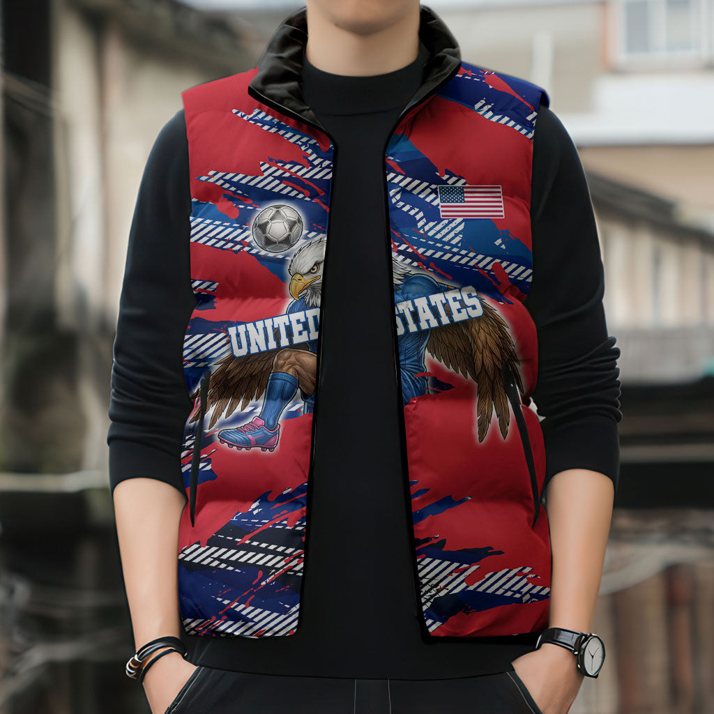 Personalized United States Soccer Eagle Sleeveless Puffer Jacket American Flag Grunge Patriot Art