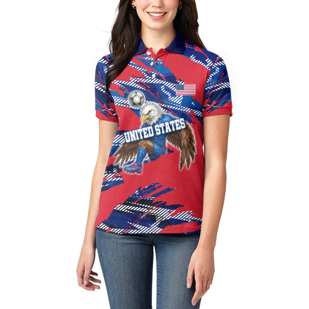 Personalized United States Soccer Eagle Women Polo Shirt American Flag Grunge Patriot Art