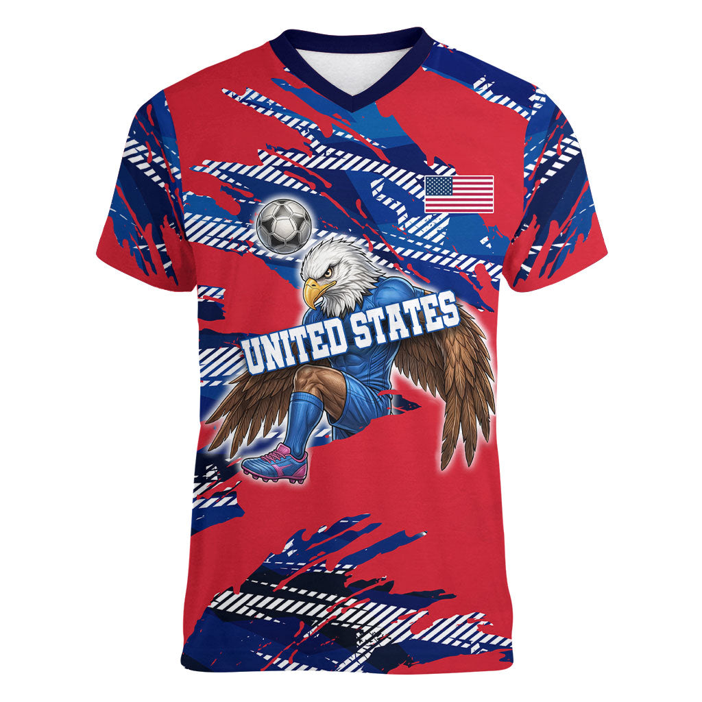 Personalized United States Soccer Eagle Women V-Neck T-Shirt American Flag Grunge Patriot Art